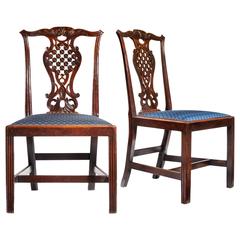 Thomas Chippendale 18th Century Mahogany Side Chairs with Blue Cushions
