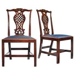 Thomas Chippendale 18th Century Mahogany Side Chairs with Blue Cushions 