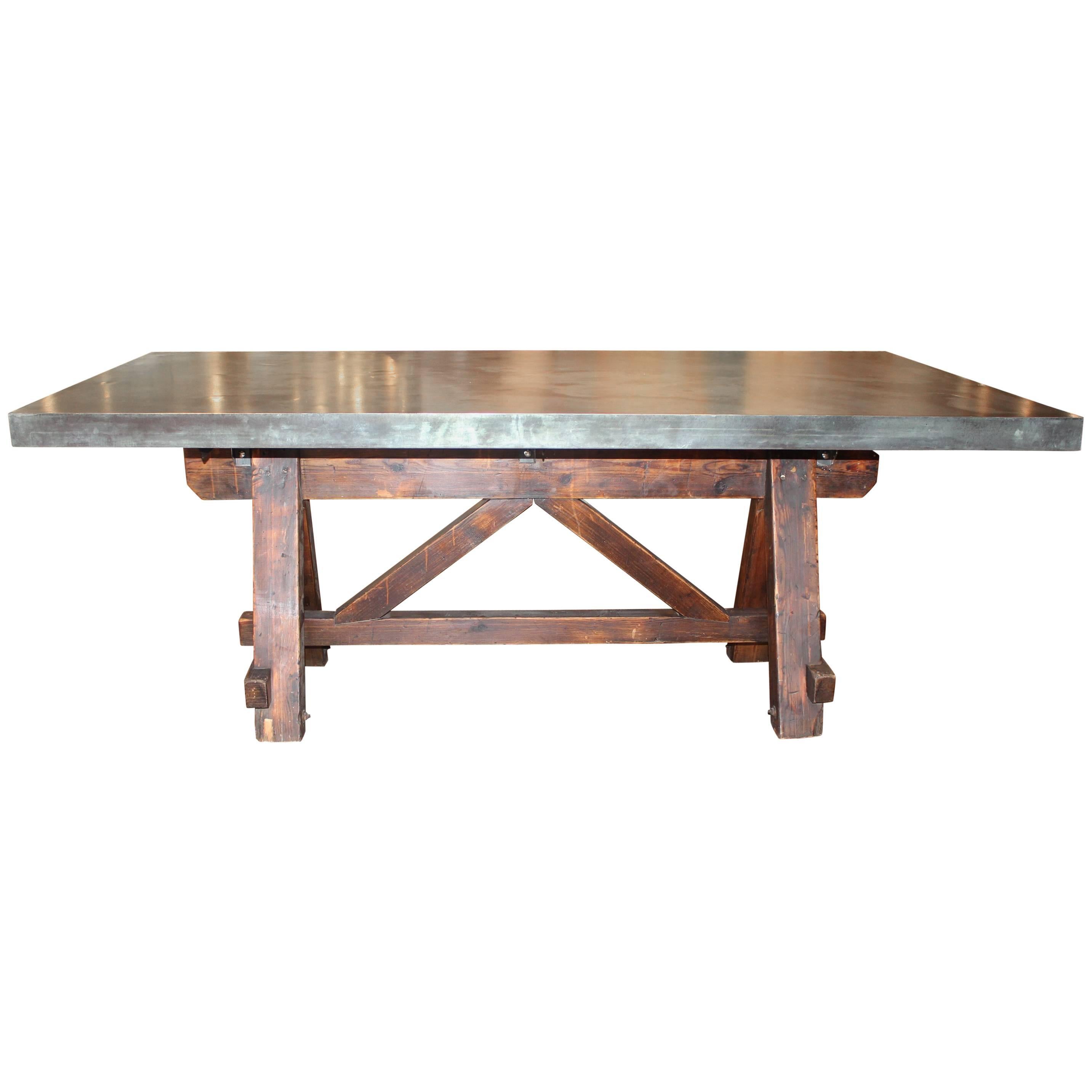 Vintage French Tradesman's Sawhorse as Dining Table with Patinated Zinc Top