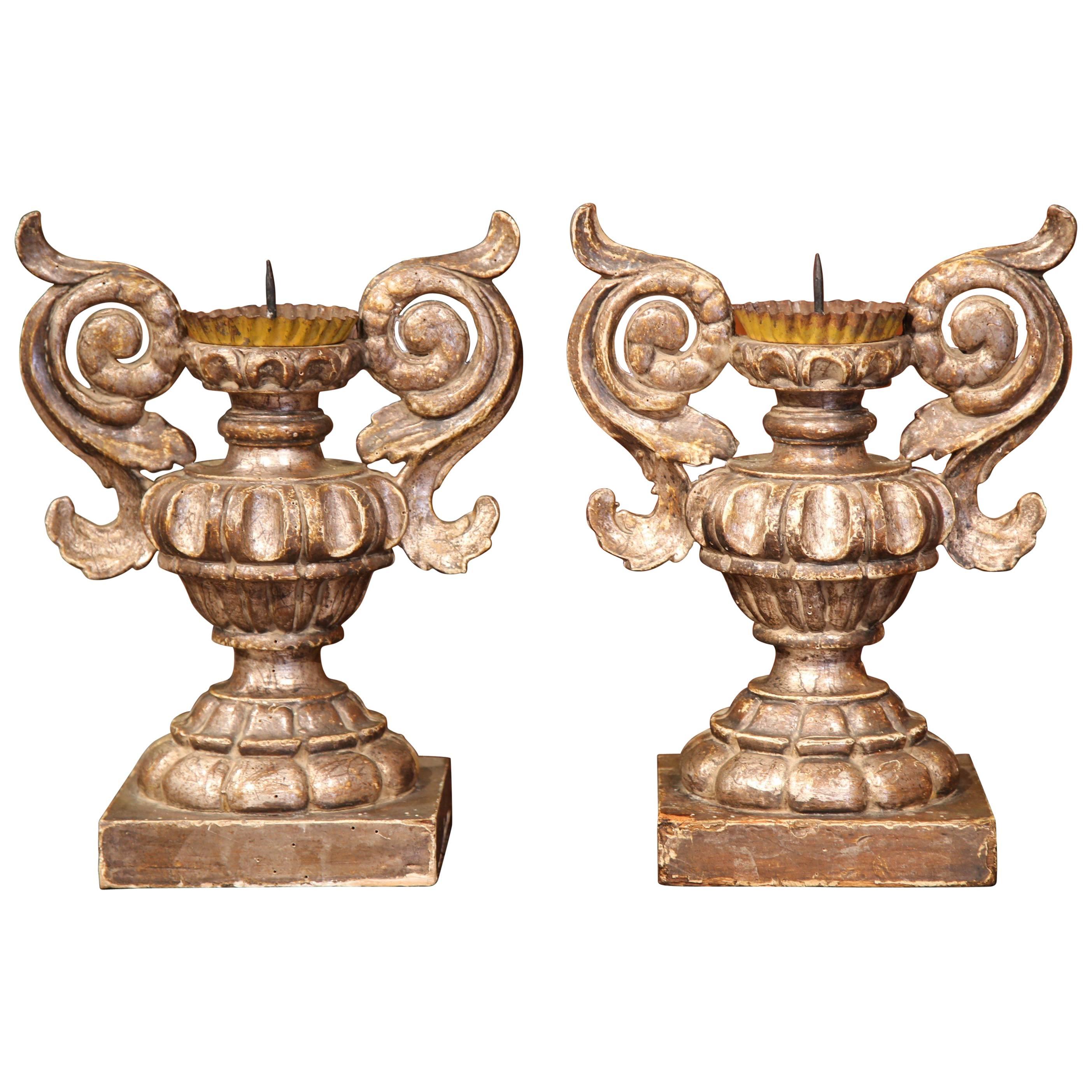 Pair of 19th Century Italian Baroque Carved Silverleaf Candlesticks Prickets