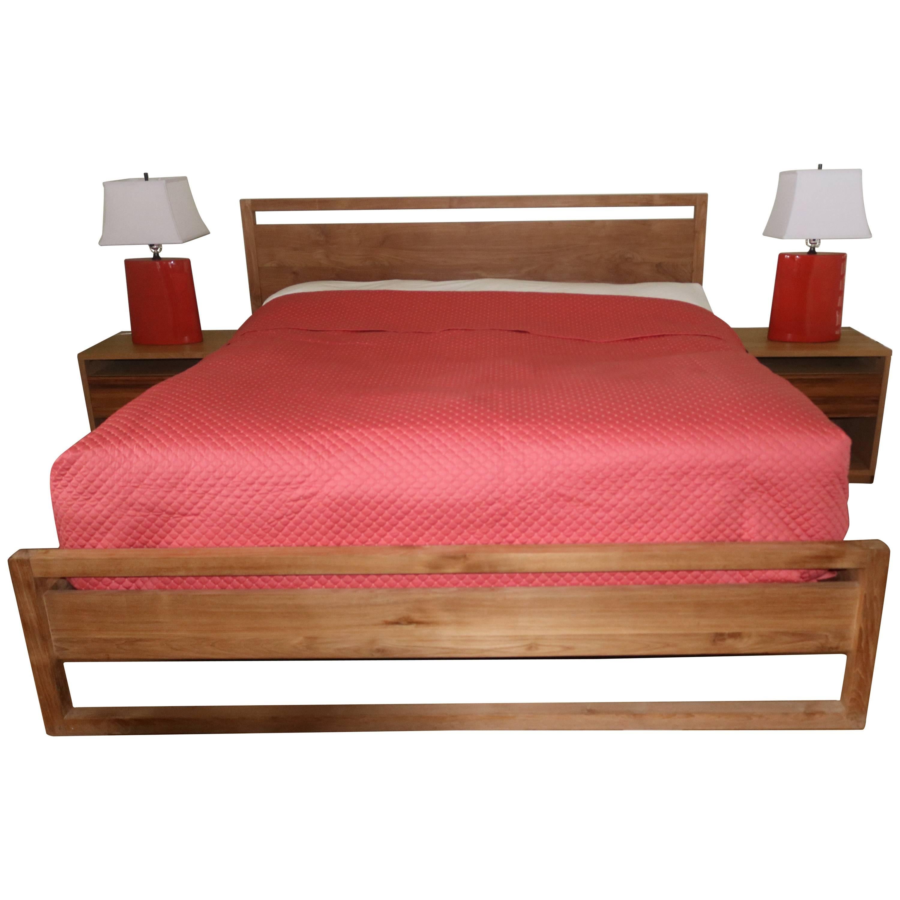 Modern Crafted Matte Washed Oak Organic King Bedroom Set-Bed, Night Tables, Lamps For Sale