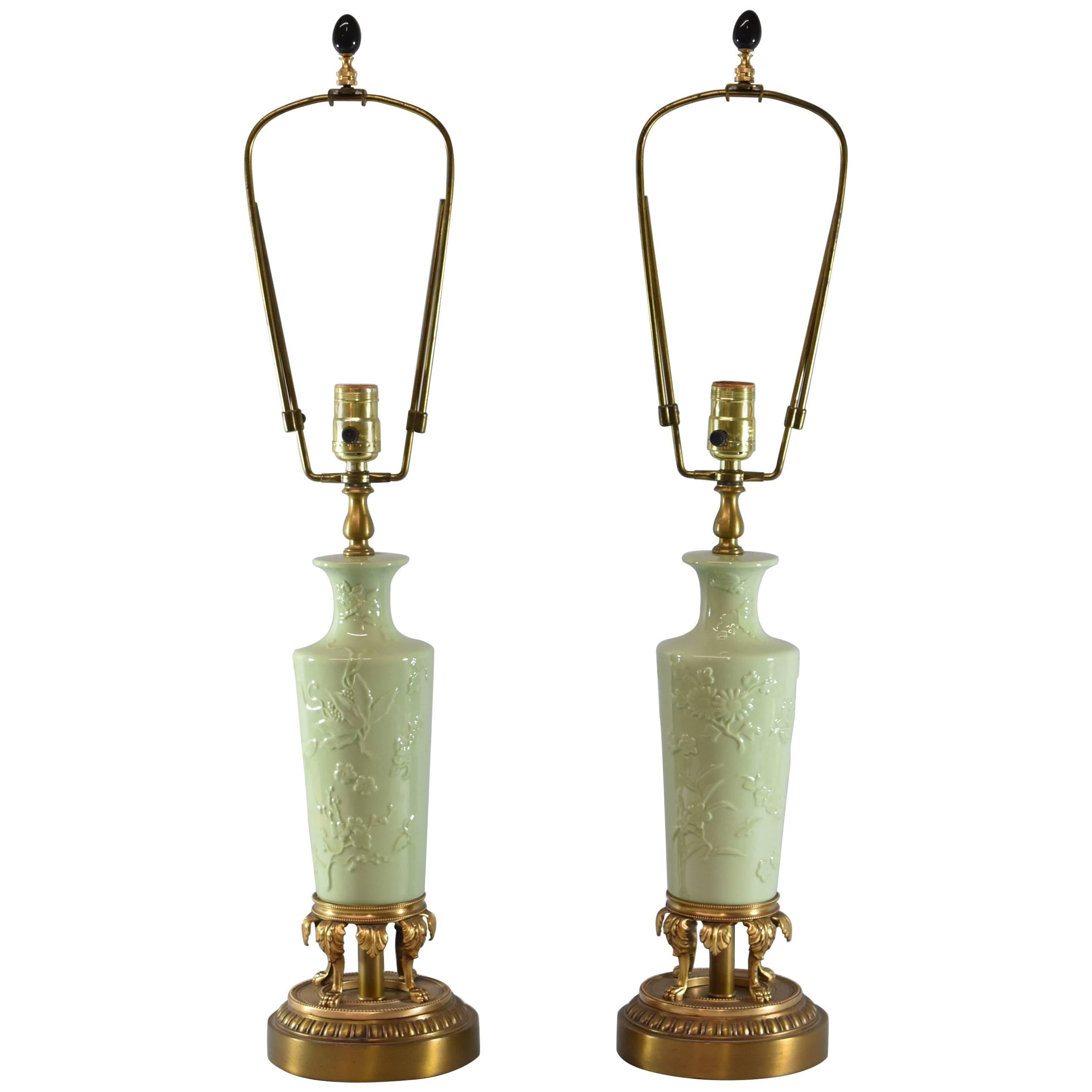 Pair of Celadon Porcelain Brass Table Lamps