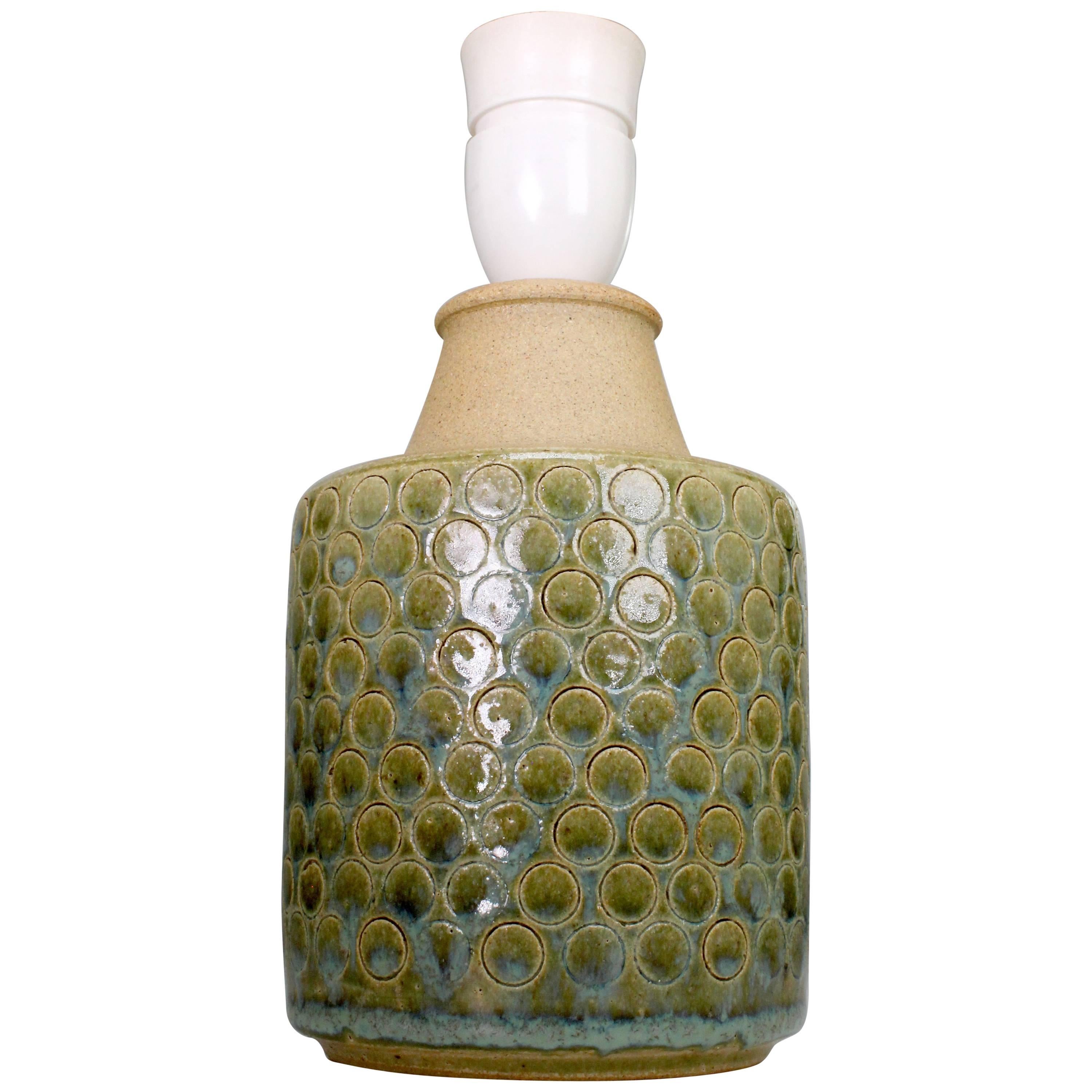 Danish Soholm Handmade Stoneware Olive Green Lamp, 1960s