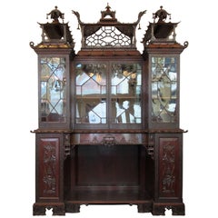 Monumental 19th Century English Chinese Chippendale Mahogany China Bookcase