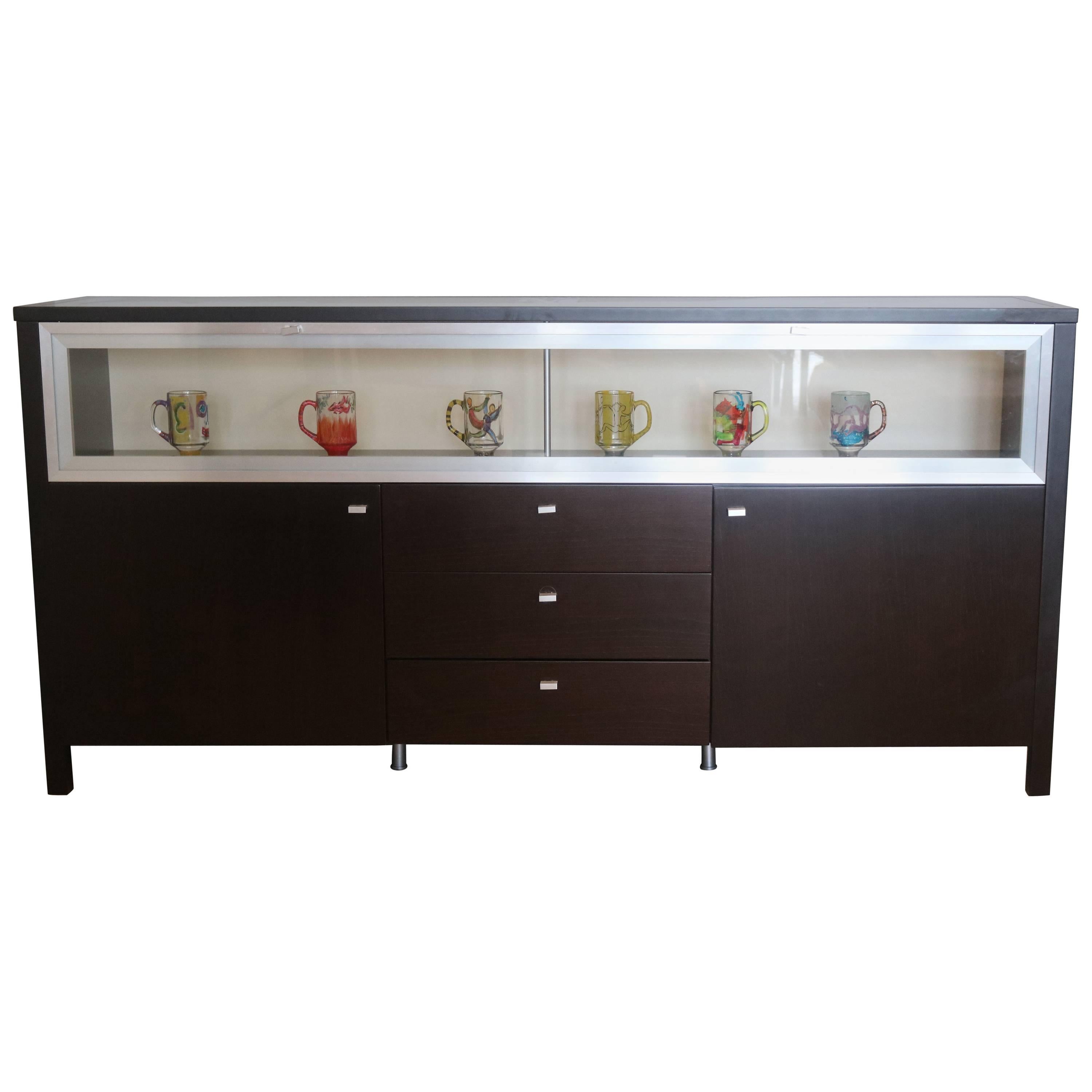 Sleek Modern Art Deco Glass Wood Dry Bar Cabinet, Buffet, Dresser-circa 1980 For Sale