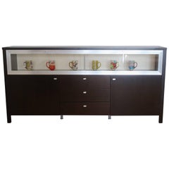 Vintage Sleek Modern Art Deco Glass Wood Dry Bar Cabinet, Buffet, Dresser-circa 1980 