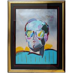 Contemporary Modern Large Peter Max Acrylic on Paper Portrait Painting Signed