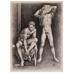 "Undressing," Large, Rare Drawing of Nude Male Youths by Goor, 1952