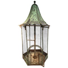 Antique German Painted Zinc and Iron Hexagonal Birdcage