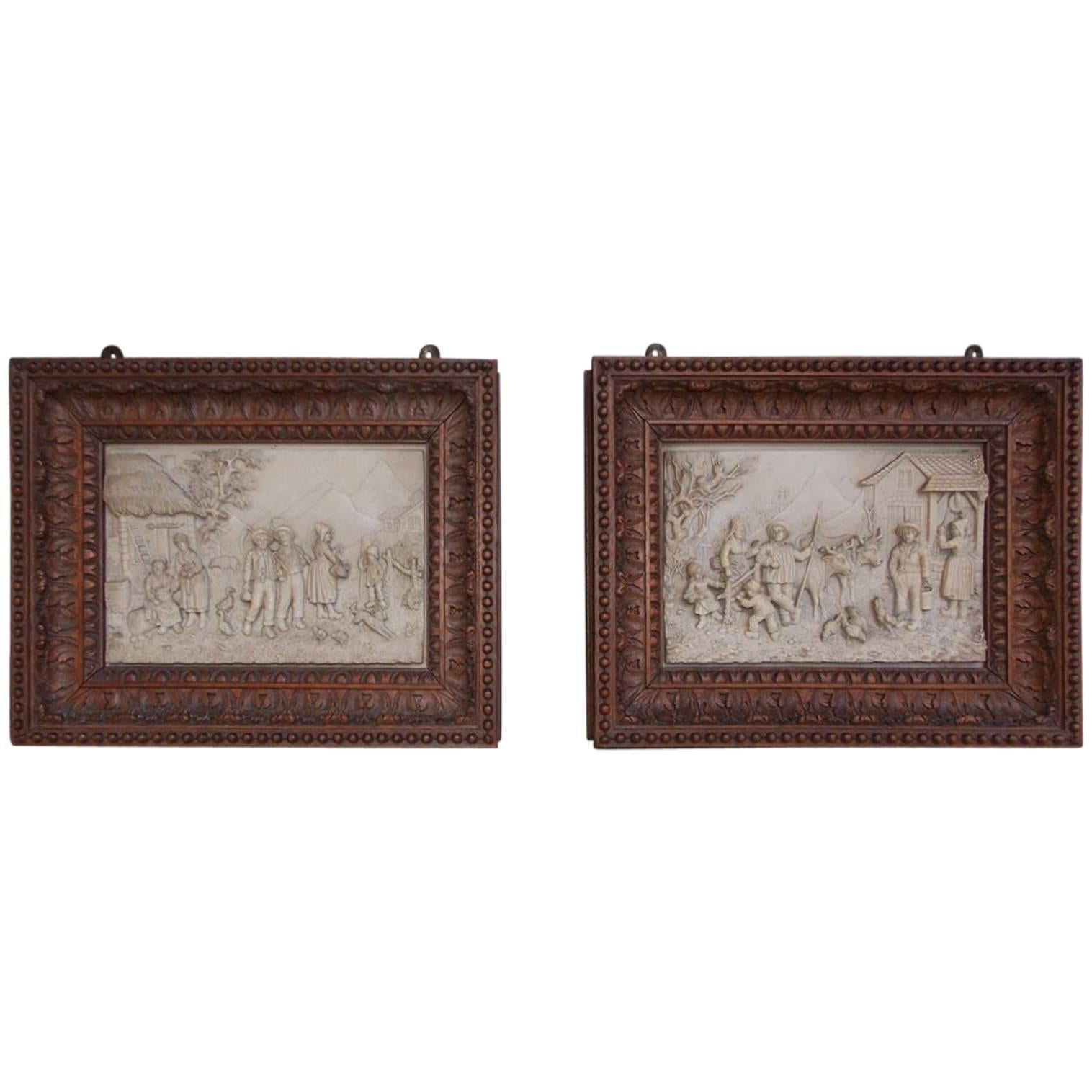 Pair of Dutch Soapstone Figural Reliefs in Original Walnut Frames, Circa 1900