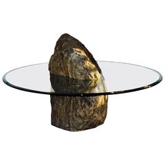 Matterhorn Coffee Table, Handmade of Rare Wood Stone and Glass