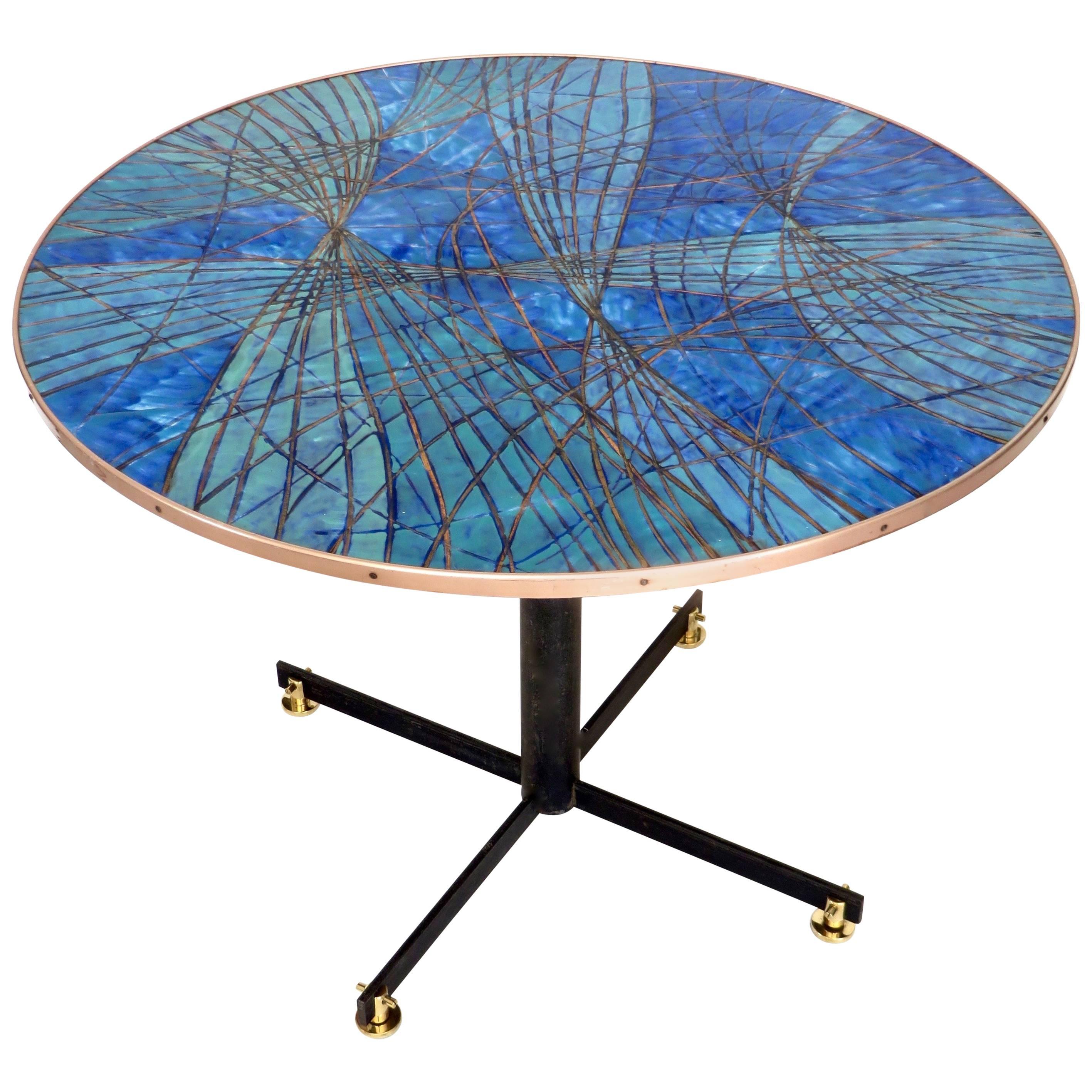 Italian Blue and Gold on Copper Enamel Center or Dining Table Architectural Legs