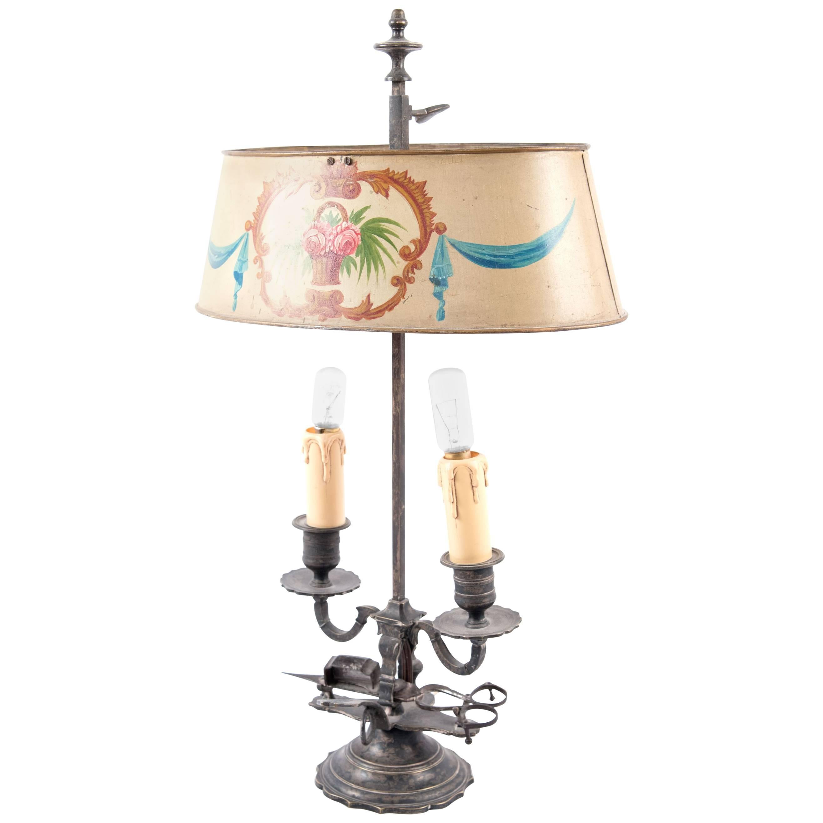 19th Century French Beaux-Arts Bouillotte Lamp with Painted Metal Shade