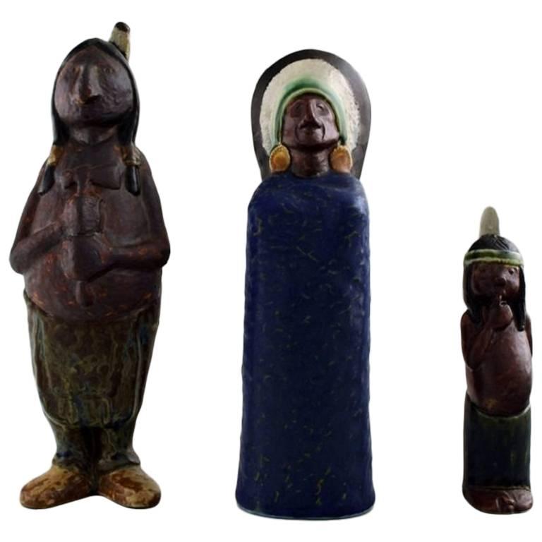 Rolf Palm, Höganäs, Three Indians, Unique Ceramic Figures For Sale