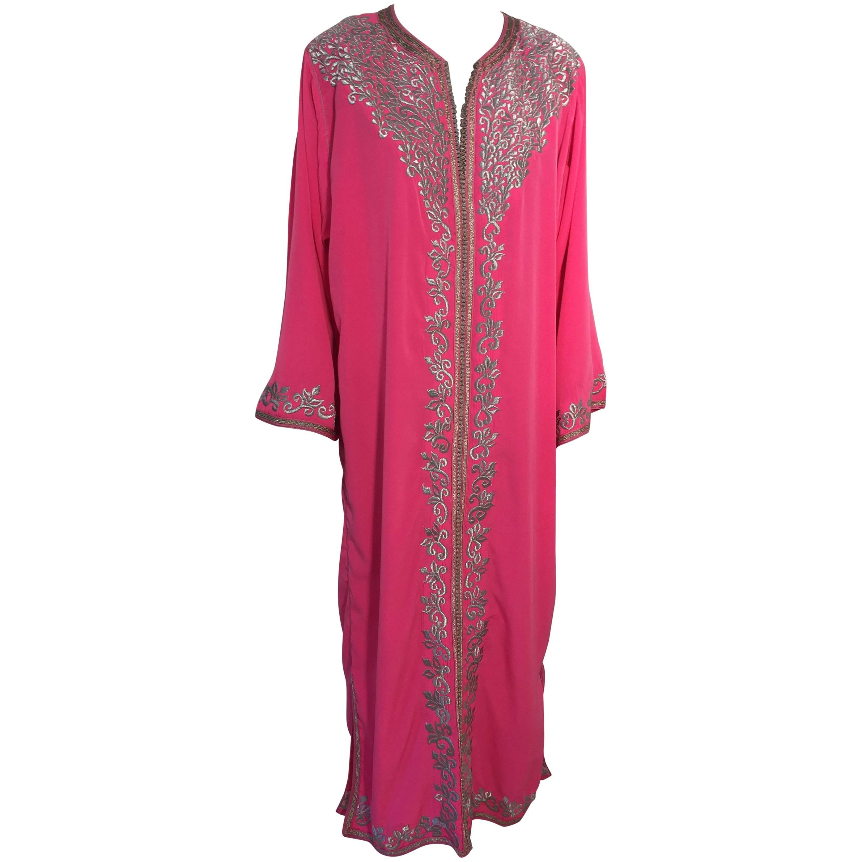 Moroccan Hot Pink Caftan with Silver Embroideries Maxi Dress Kaftan Size L to XL