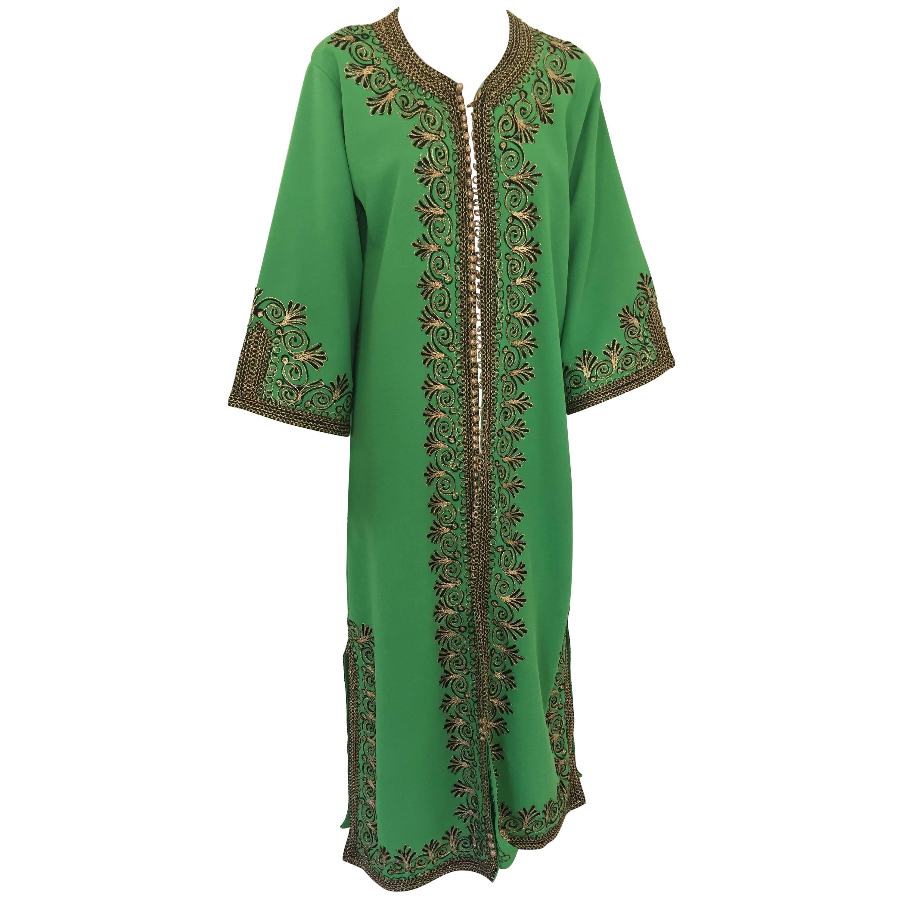 Moroccan Vintage Caftan Green Maxi Dress circa 1970 Size L