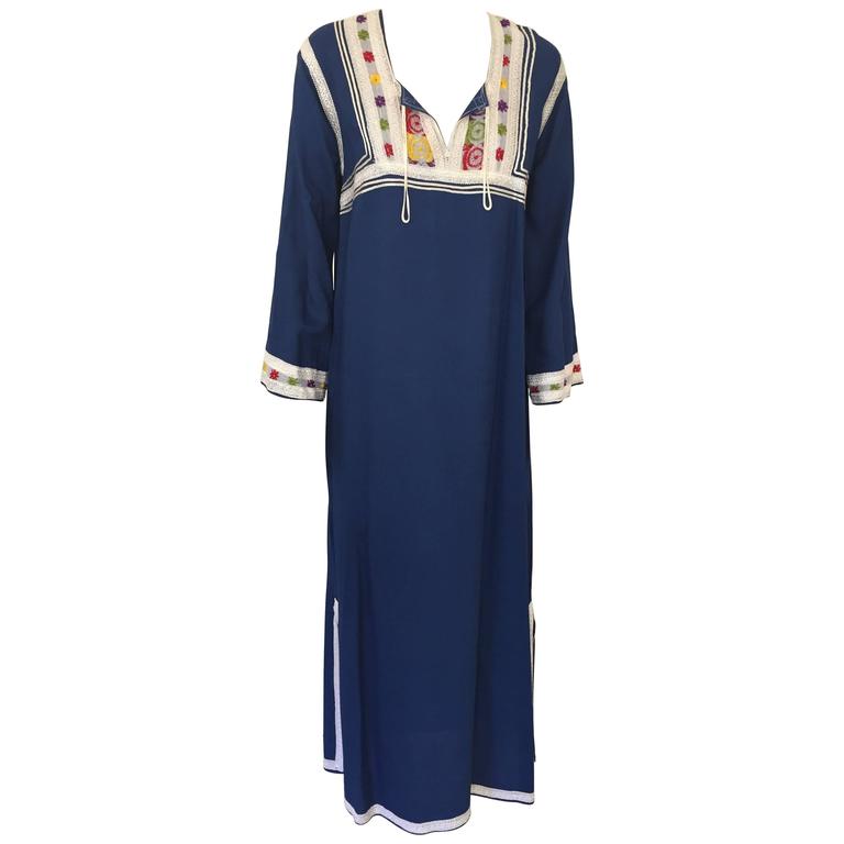 Moroccan Cotton Blue Caftan, 1970 Maxi Dress Kaftan by Glenn Boston