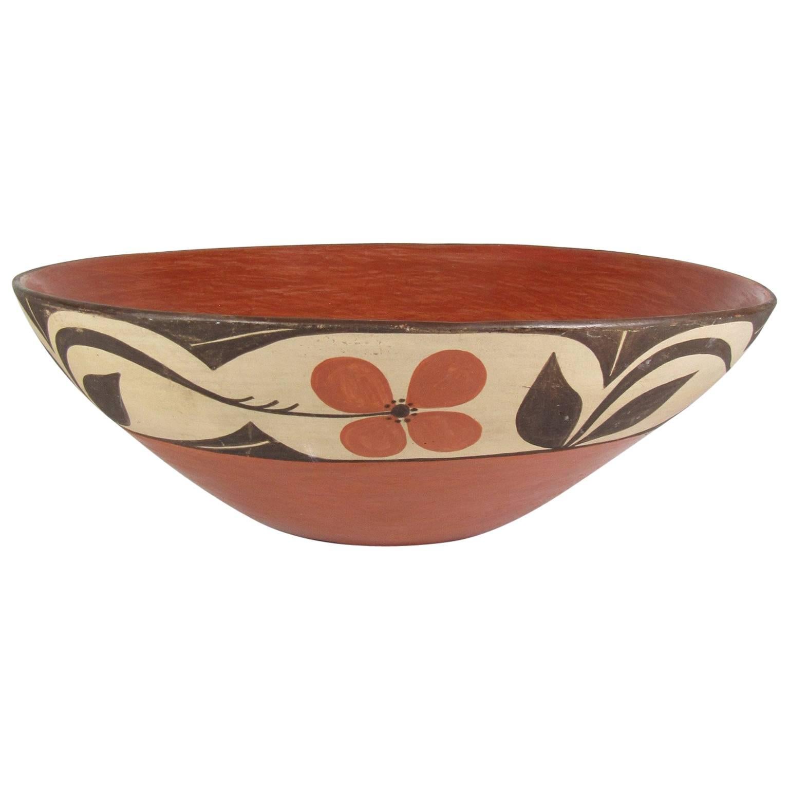 Rare Large Antique Native American Zia Pueblo Terracotta Dough Bowl For Sale