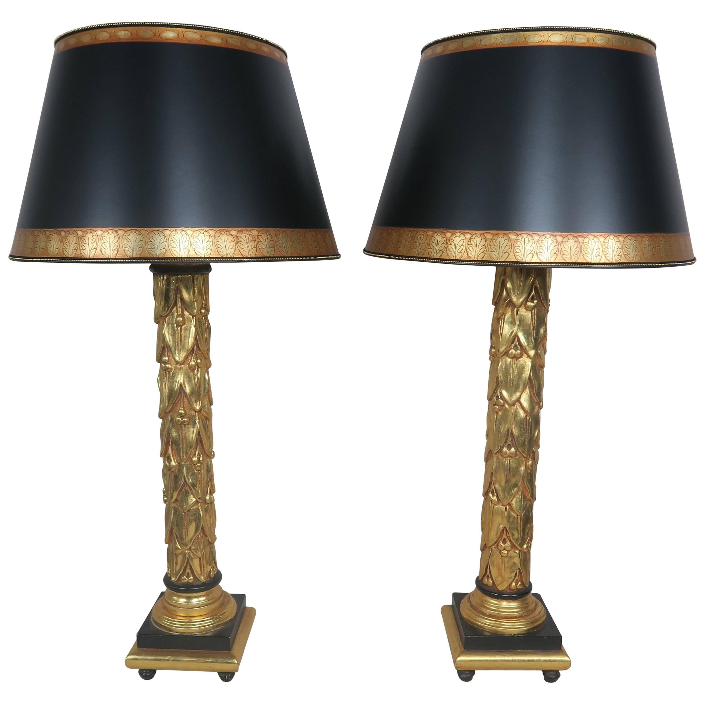 Neoclassical Style 22-Karat Gold Leaf and Black Lamps with Parchment Shades Pair