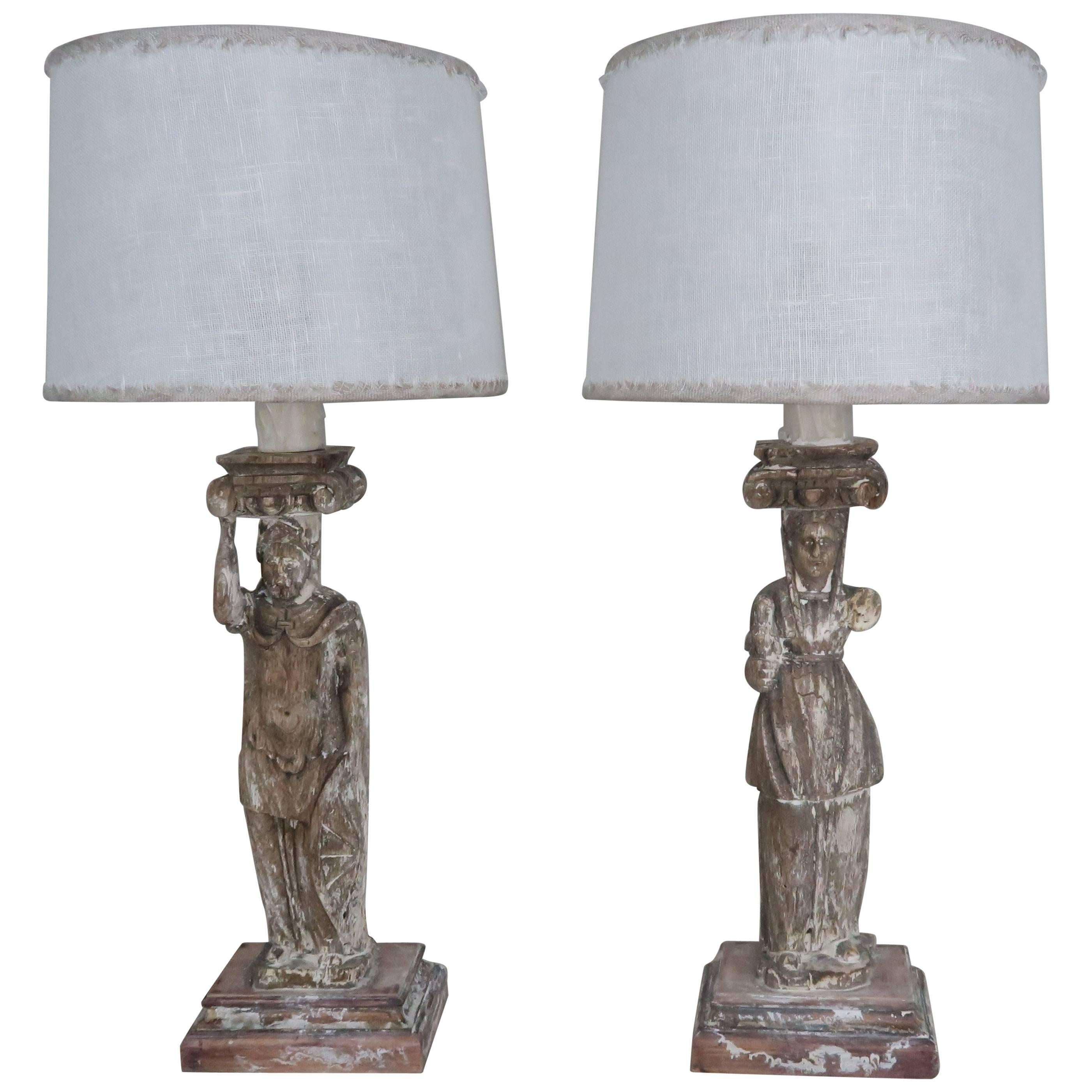 19th Century Neoclassical Figural Painted Lamps with Linen Shades
