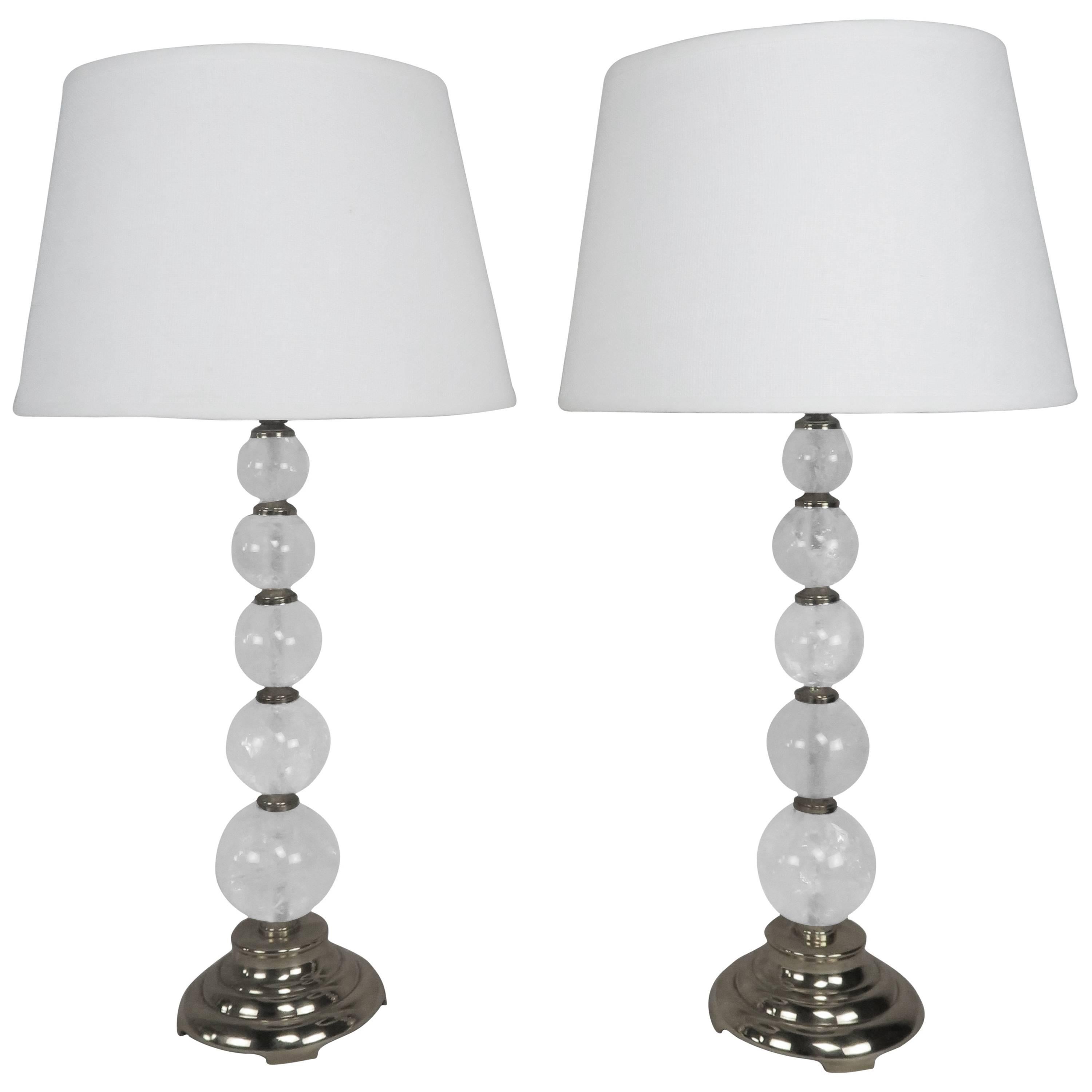 Rock Crystal and Polished Brass Lamps with Linen Shades For Sale