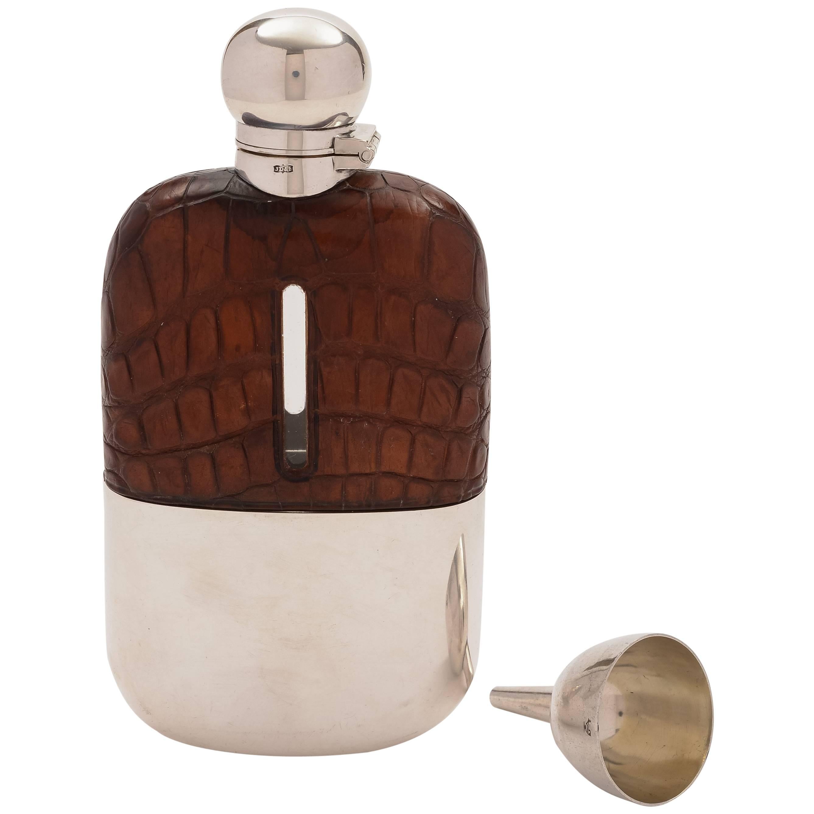 20th Century Edwardian Crocodile Leather Covered Hip Flask, circa 1905 For Sale