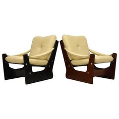 Pair of Retro Rosewood/Black Lacquer Leather Armchairs Vintage, 1960s