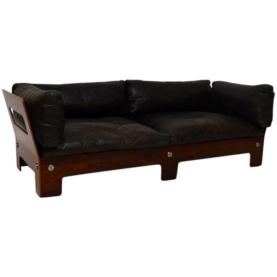 Retro Leather and Rosewood Sofa Vintage, 1960s
