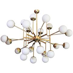 Exceptional Huge Brass Chandelier with Glass Globes in the Manner of Stilnovo