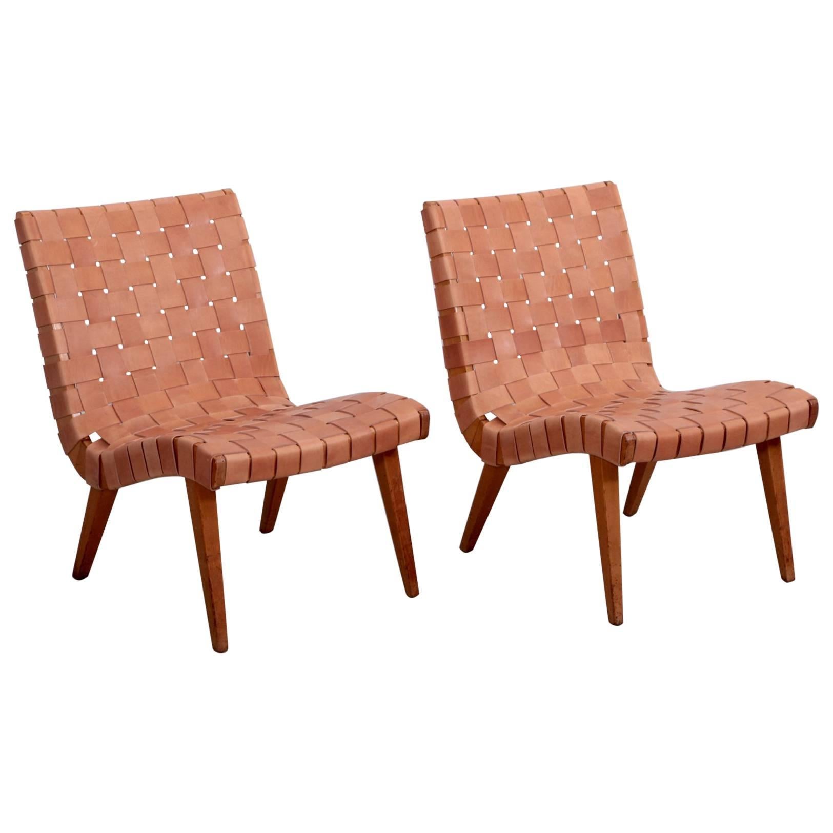 Pair of Early Jens Risom 654W Lounge Chairs by Knoll with New Leather Webbing