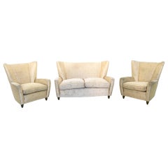 Vintage Midcentury Ivory Living Room Set by Paolo Buffa with Its Original Fabric, 1950s
