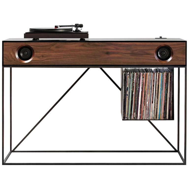 Stereo Console Table Jet Black Cabinet with Walnut Front with Turntable Package 1