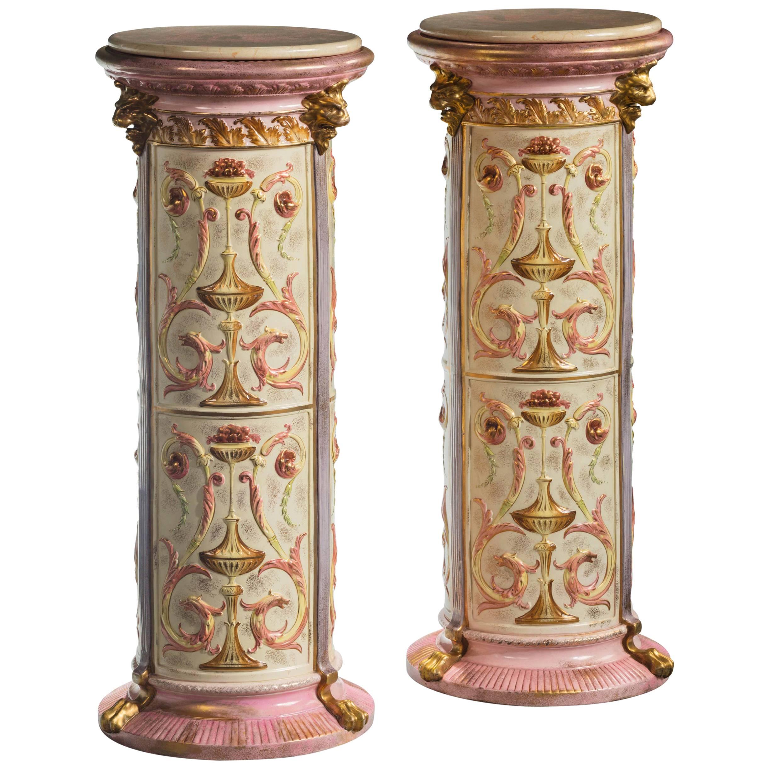 Pair of 19th Century Pottery Columns with Scroll and Neoclassic Decoration