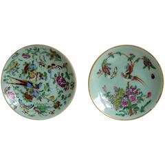 Antique Two Chinese Plates, Porcelain, Celadon, Birds and Butterflies, Qing, circa 1830