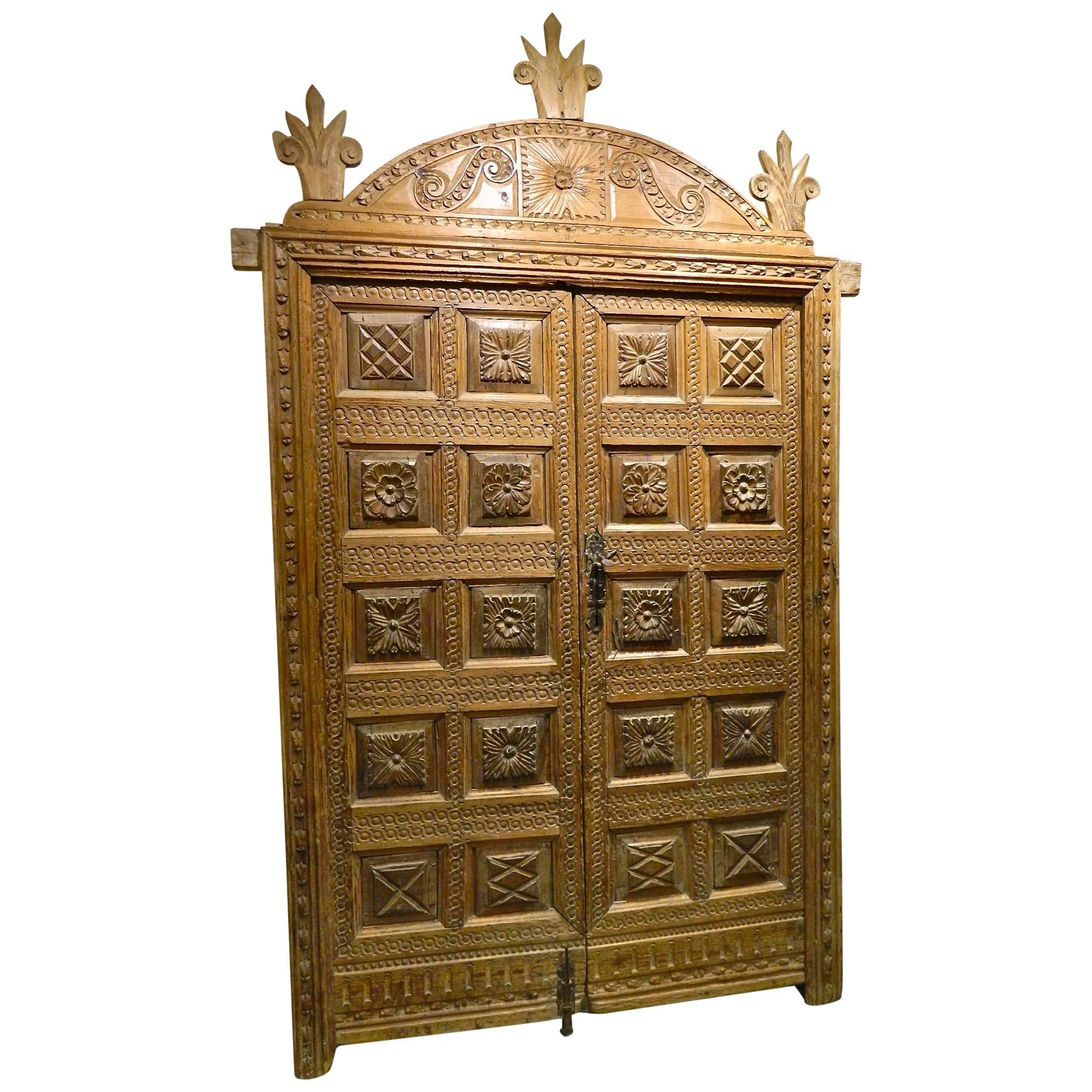 Mid-Late 16th Century Framed Pyrenees Sacristy Door with Crown, Pine and Walnut For Sale