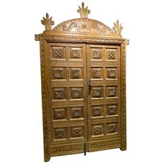 Antique Mid-Late 16th Century Framed Pyrenees Sacristy Door with Crown, Pine and Walnut