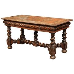 18th Century French Louis XIII Carved Walnut Centre Table with Original Leather