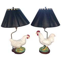 Adorable Pair of Retro Ceramic Rooster Lamps