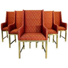 Used Mid-Century Modern Set of Six Rare Solid Brass Base Baker Dining Armchairs