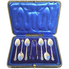 Boxed Set of Demi-Tasse Sterling Silver Spoons and Set of Sugar Tongs