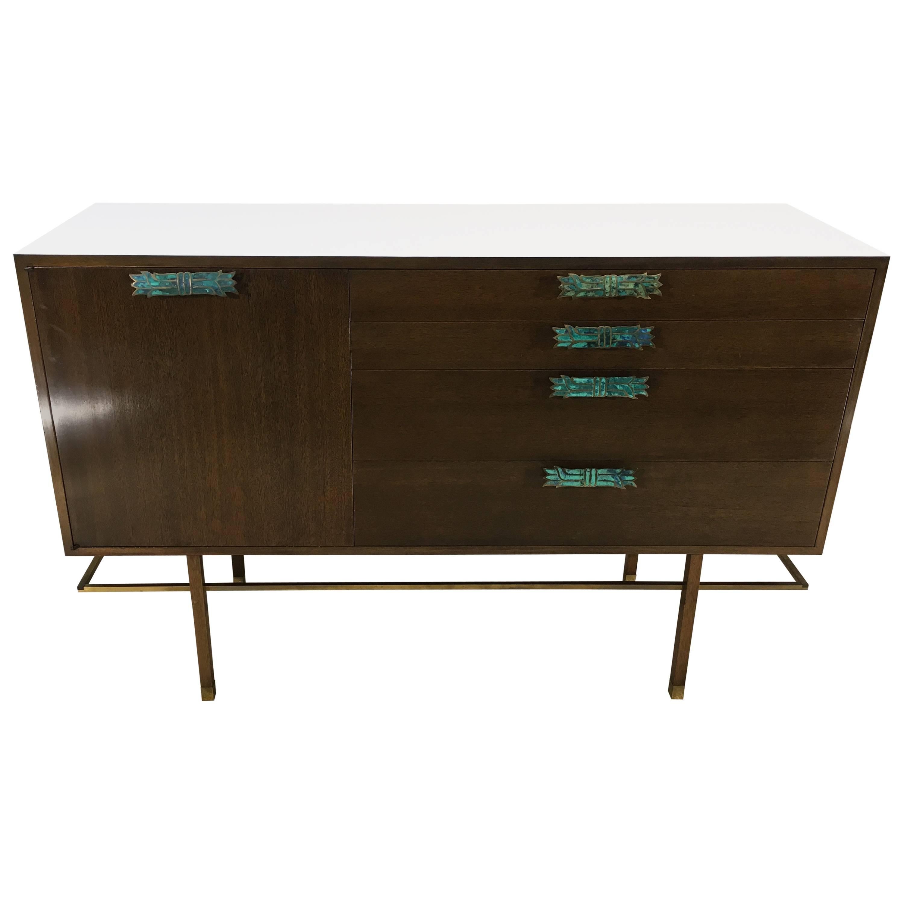 Harvey Probber Credenza with Floating Brass Rail and Custom Pepe Mendoza Pulls