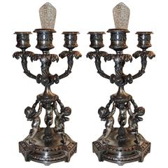 Wonderful Pair of Pairpoint Silvered Bronze Trio Cherub Candelabras Candlesticks 12