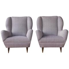 Pair of 1950s Italian Mid-Century Winged Armchairs in Handwoven Cotton Fabric