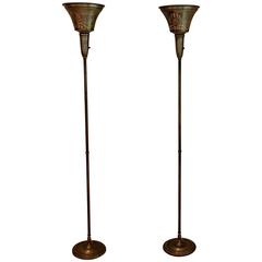 Lovely Pair of Stencilled Torchère Floor Lamps