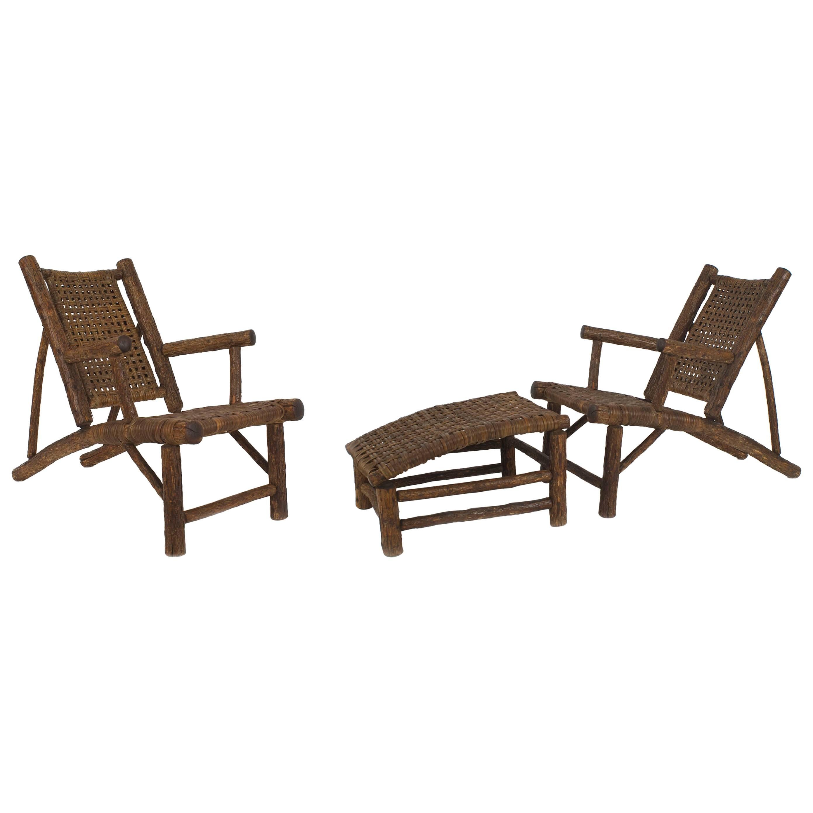 Pair of Old Hickory Wooden Low Armchairs For Sale