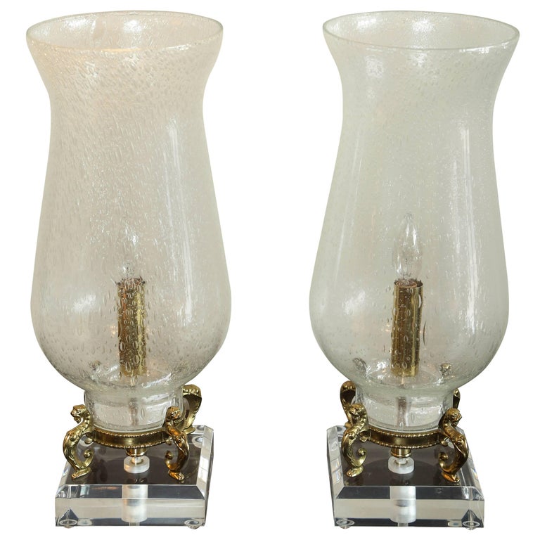 Pair of Seeded Glass Electrified Hurricane Lamps For Sale at 1stDibs