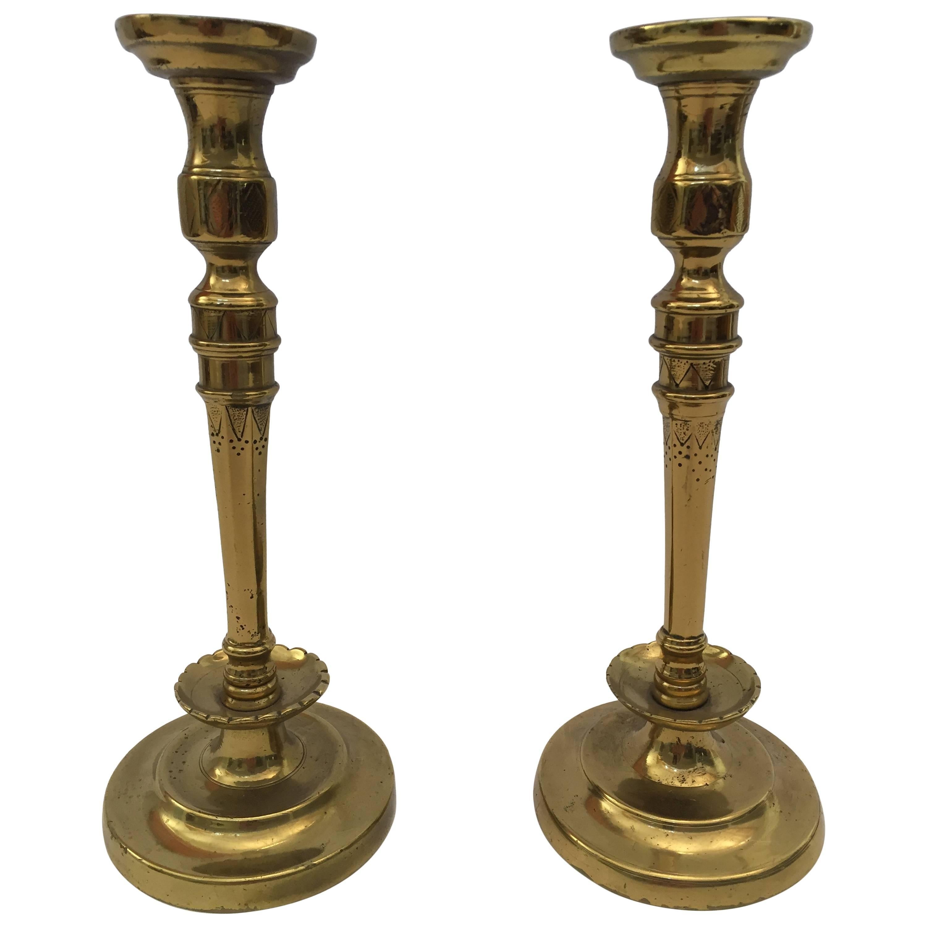 Pair of French 19th C. Hand Tooled Brass Candlesticks