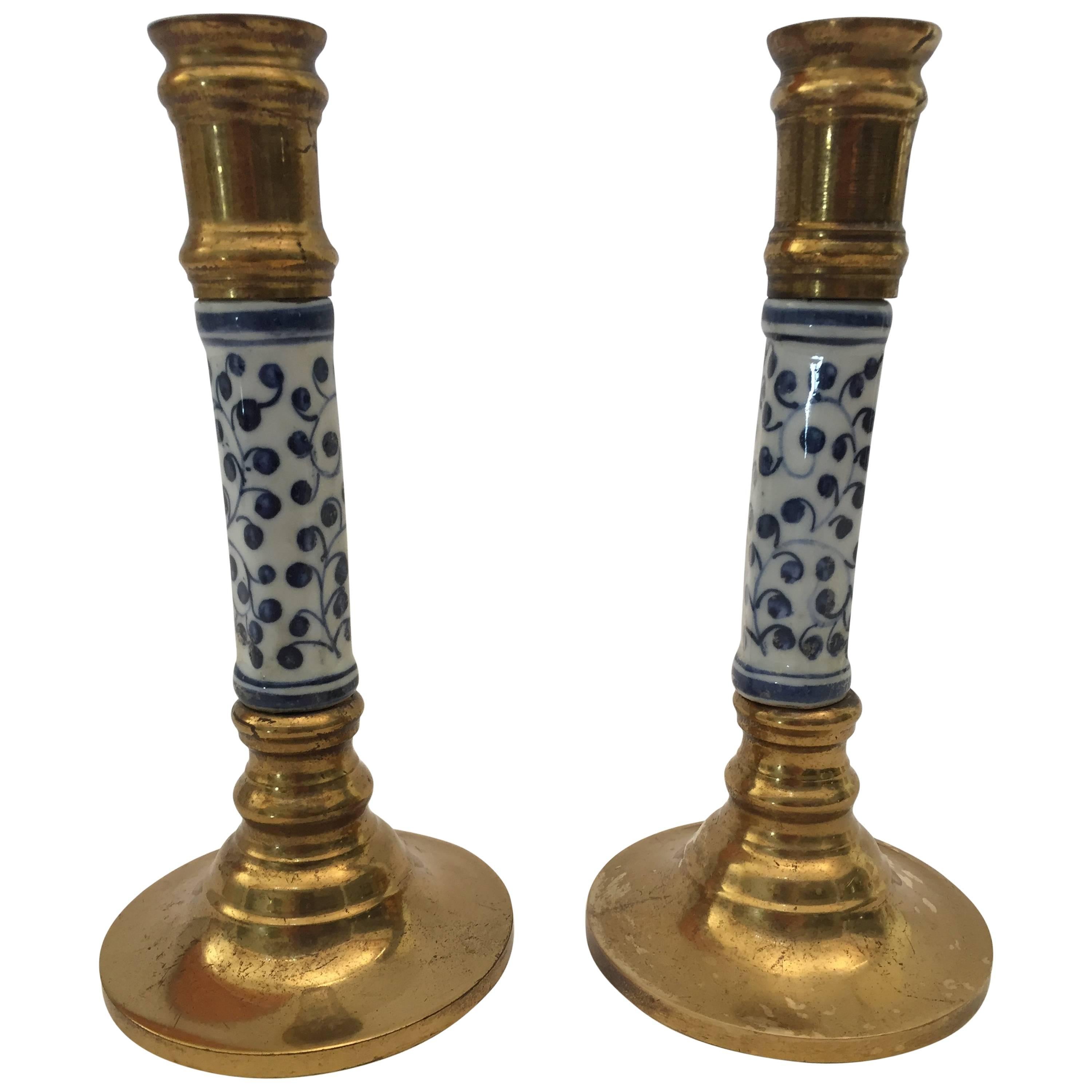 Pair of Victorian Brass Candlesticks with Ceramic