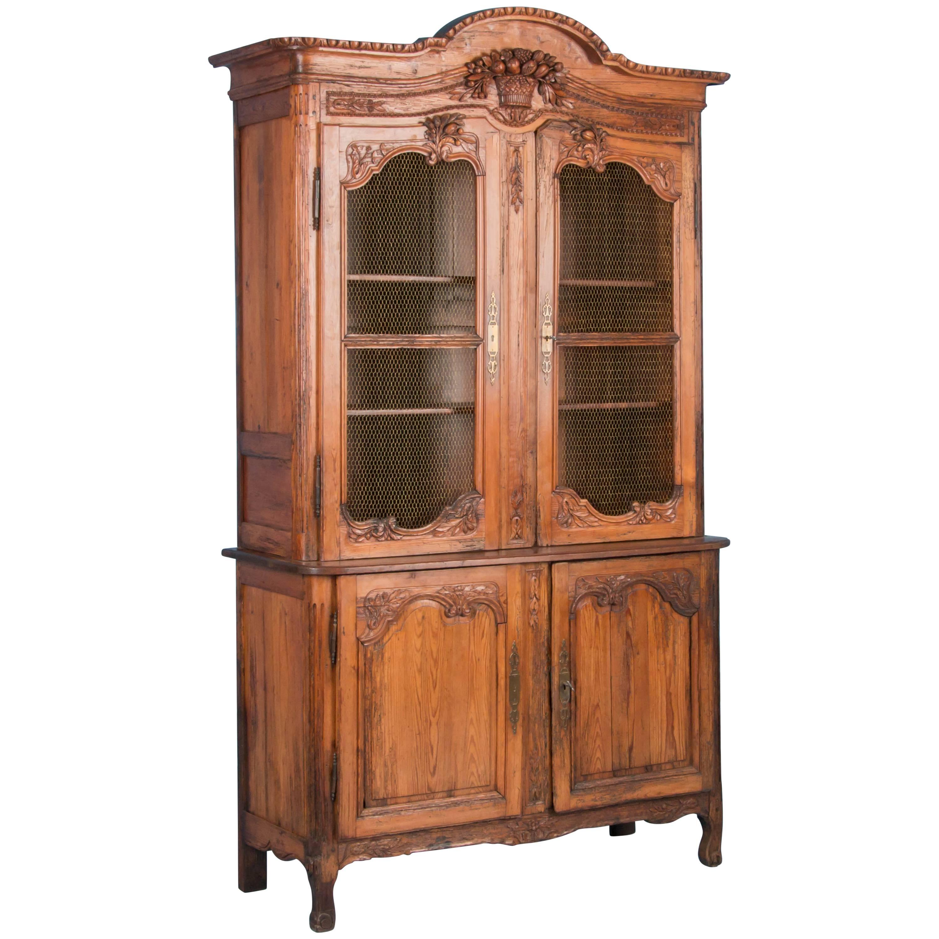 Antique 19th Century Hand-Carved French Provincial Bookcase Cabinet