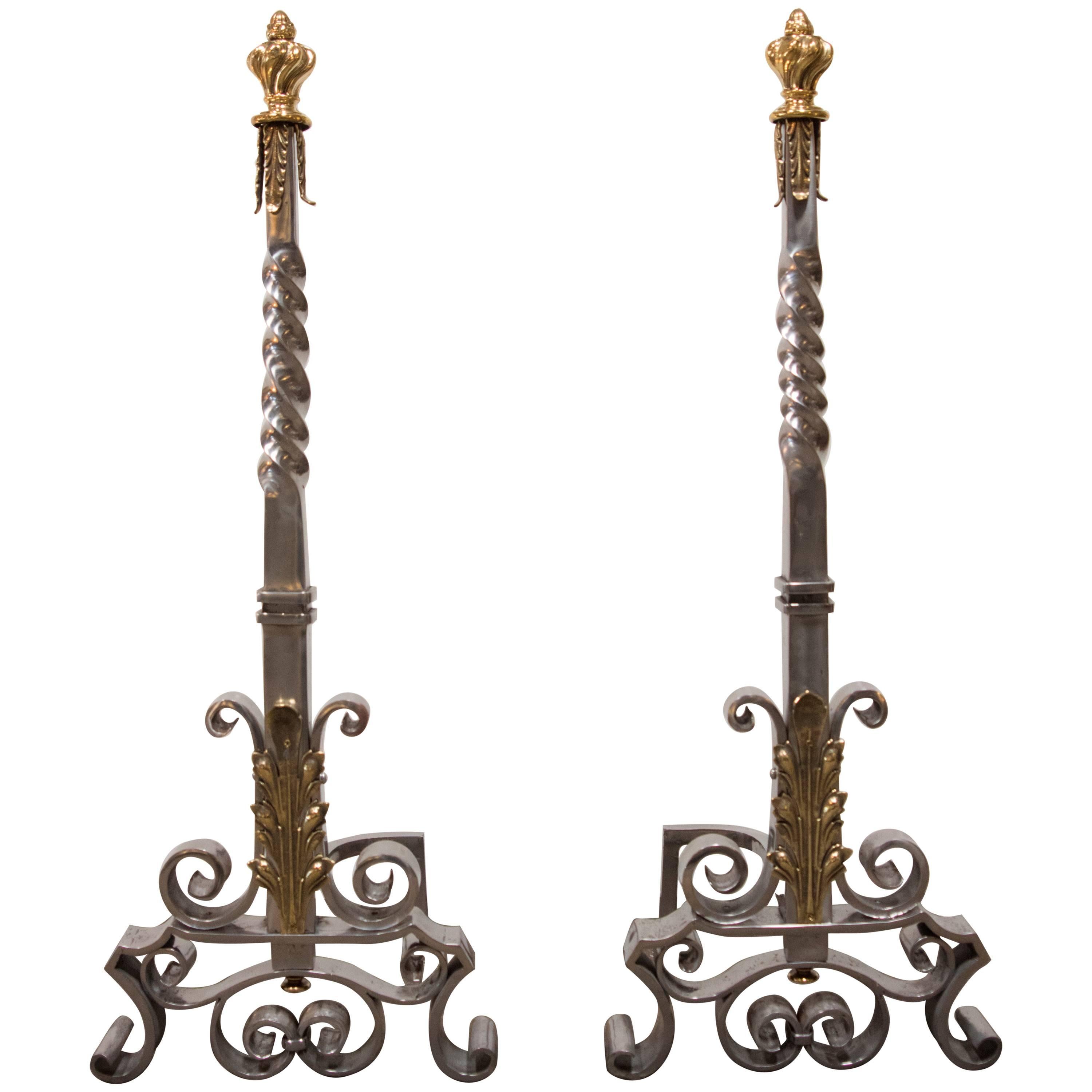 Spectacular Pair of Andirons Attributed to Gilbert Poillerat